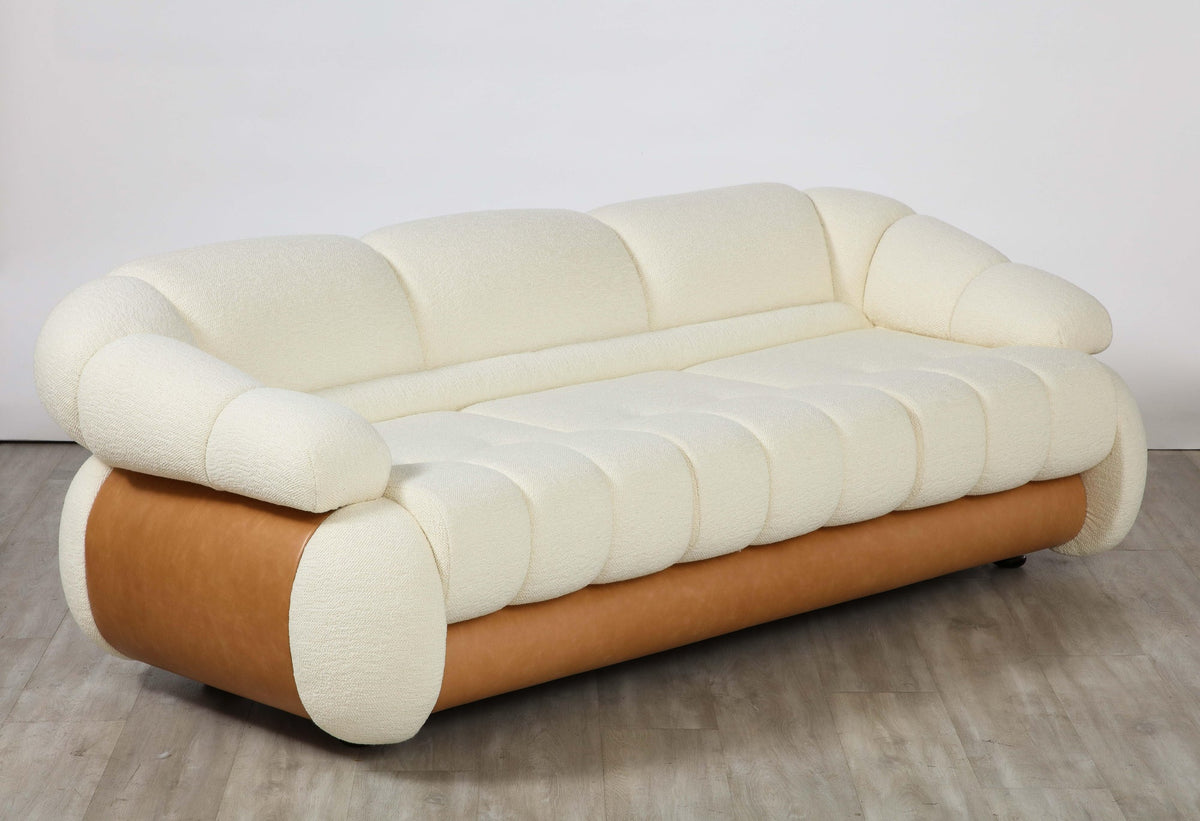 Adriano Piazzesi Curved Brown Leather Sofa, Channel Tufted, 1970