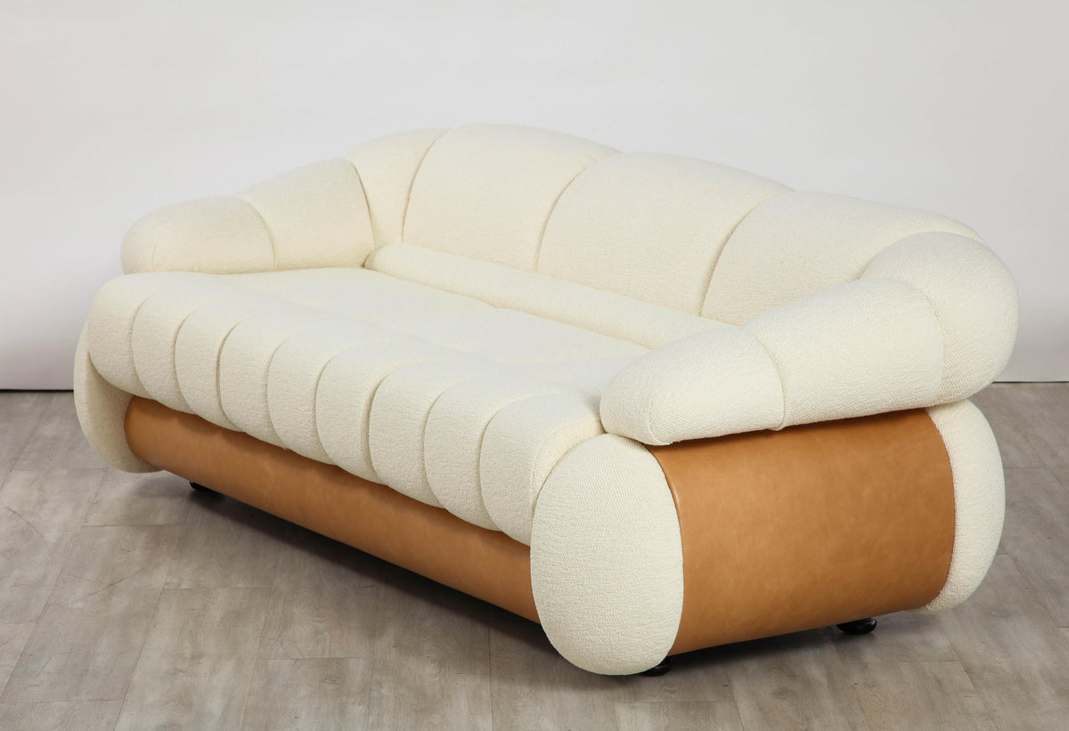 Adriano Piazzesi Curved Brown Leather Sofa, Channel Tufted, 1970