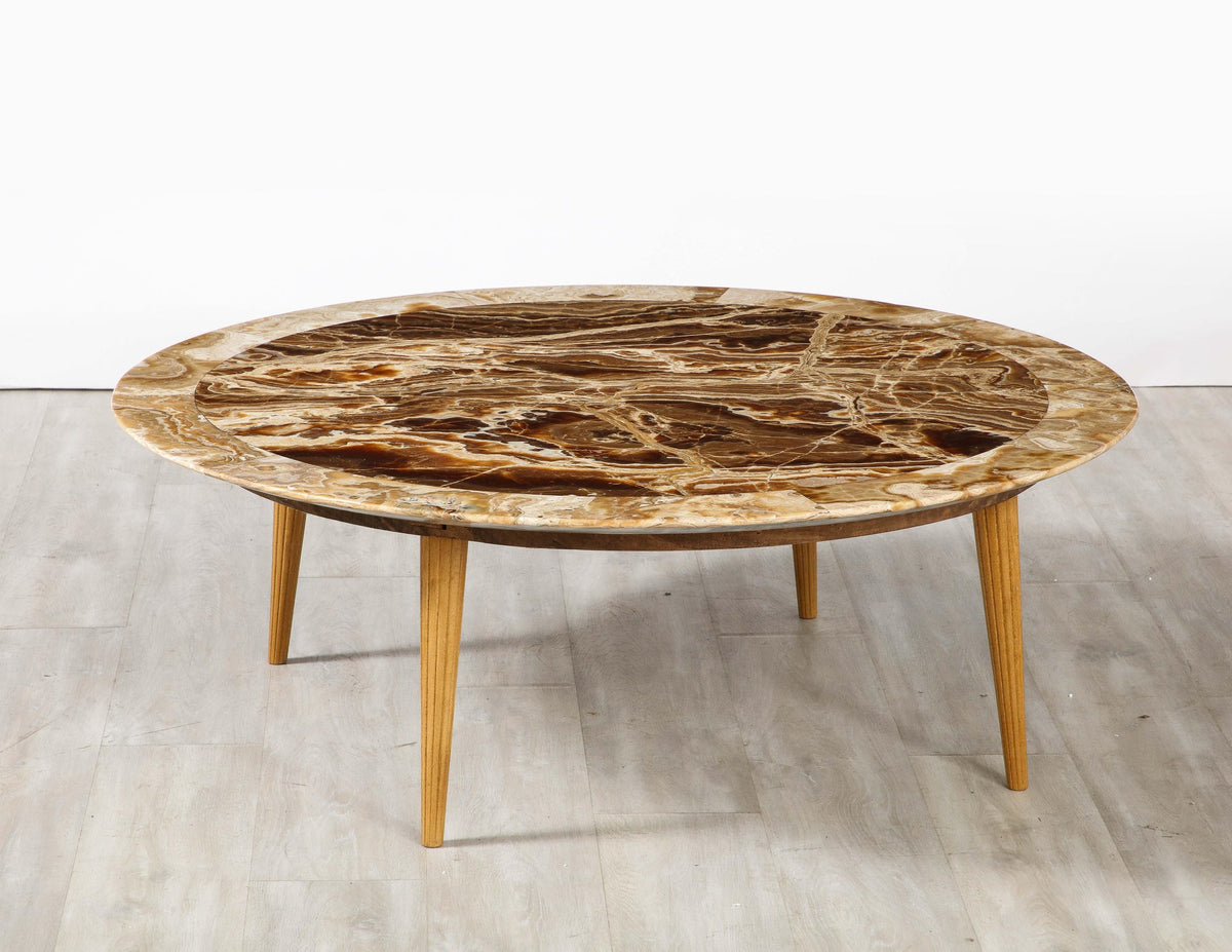 Italian Circular Coffee Table, Agate Top with Oak Legs, 1960s