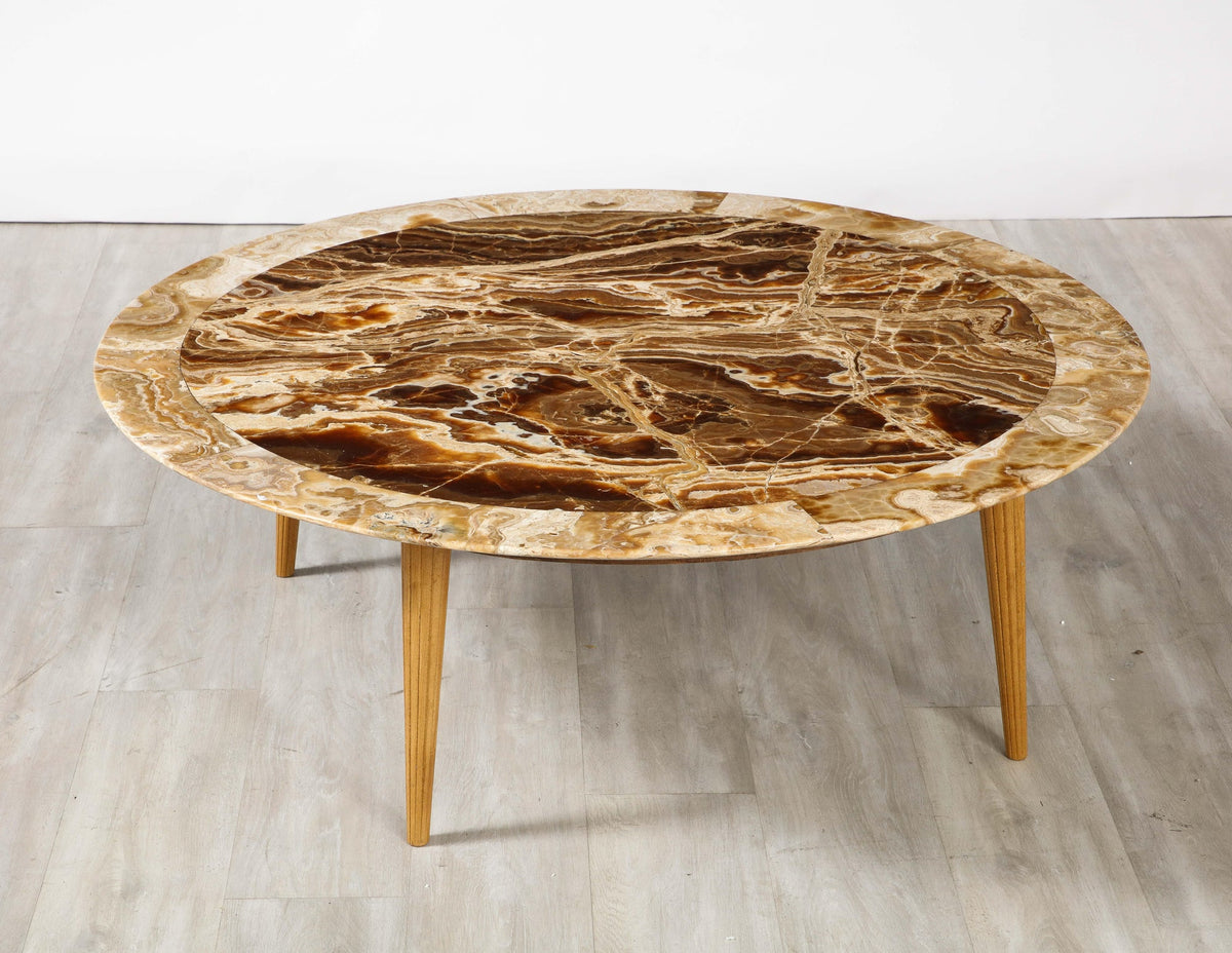 Italian Circular Coffee Table, Agate Top with Oak Legs, 1960s