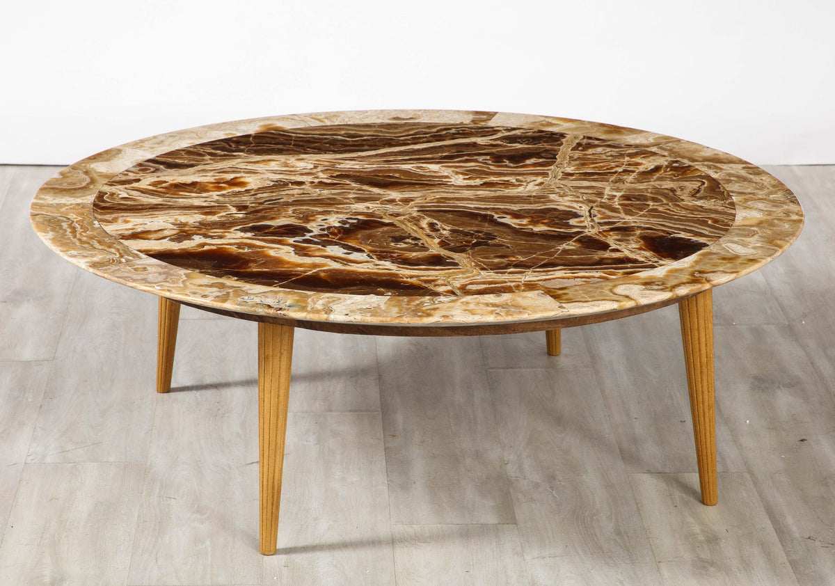 Italian Circular Coffee Table, Agate Top with Oak Legs, 1960s