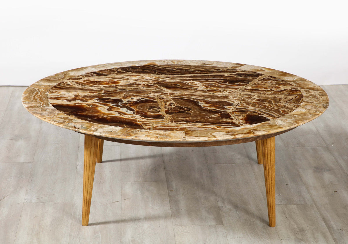 Italian Circular Coffee Table, Agate Top with Oak Legs, 1960s