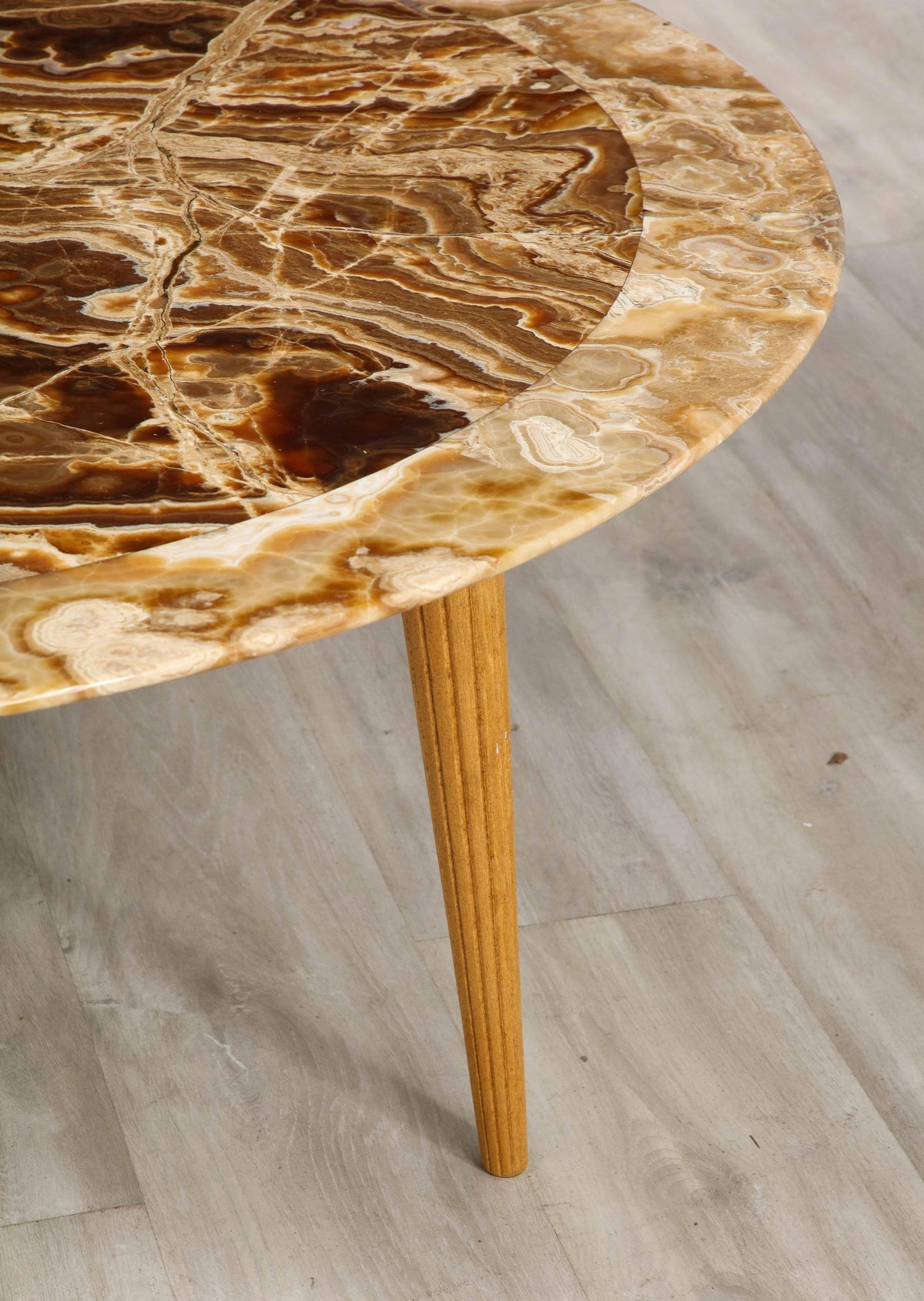 Italian Circular Coffee Table, Agate Top with Oak Legs, 1960s