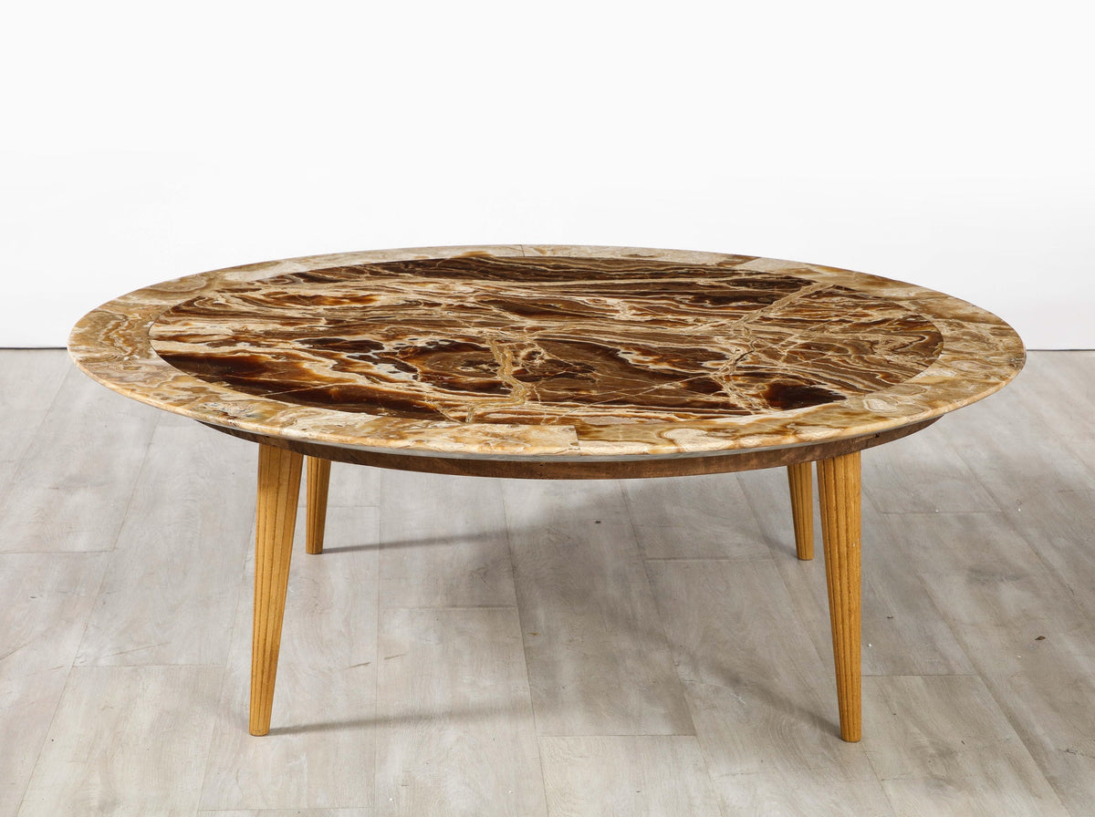 Italian Circular Coffee Table, Agate Top with Oak Legs, 1960s