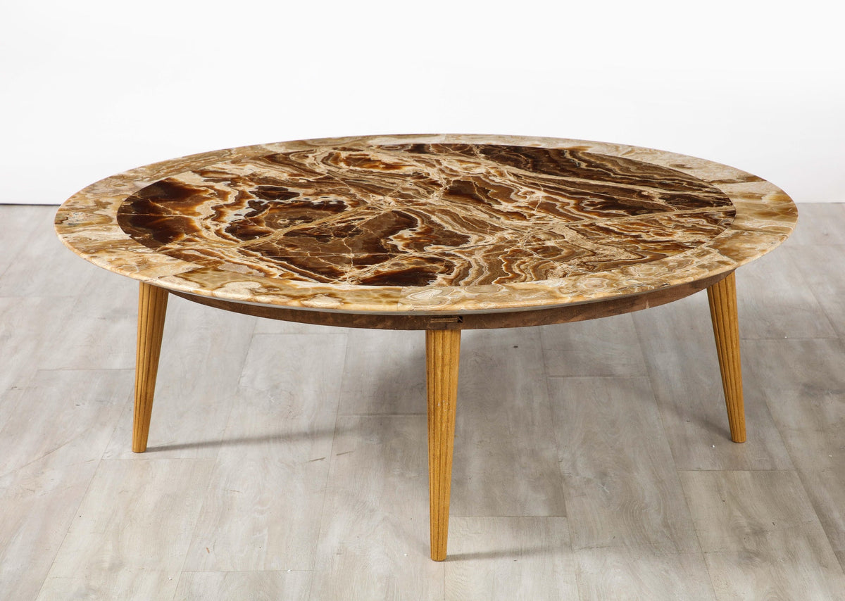 Italian Circular Coffee Table, Agate Top with Oak Legs, 1960s