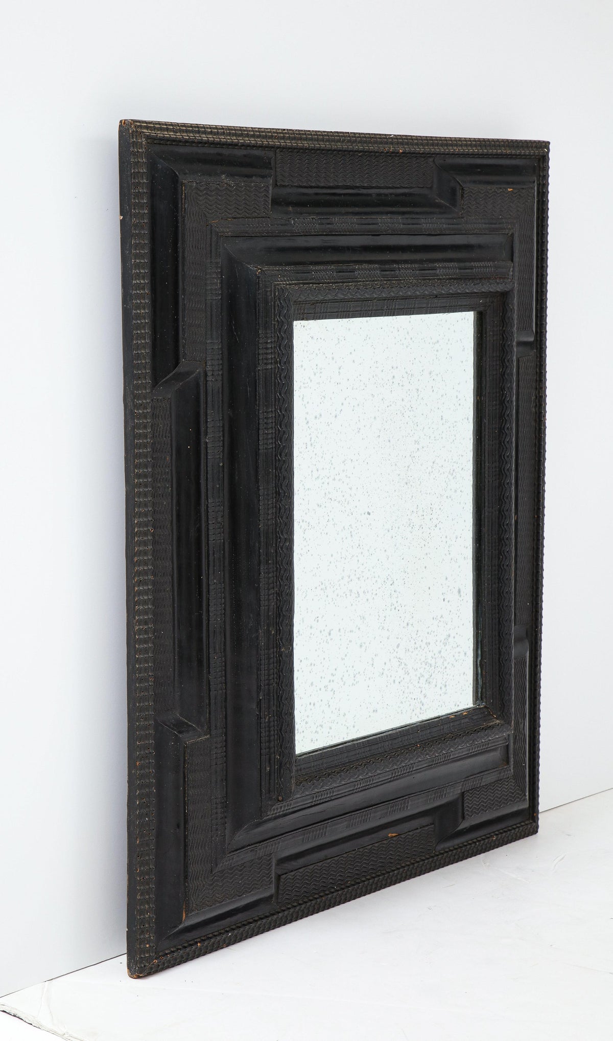 Northern Italian Baroque Ebonized Frame Mirror, Hand-Carved, 1660-80