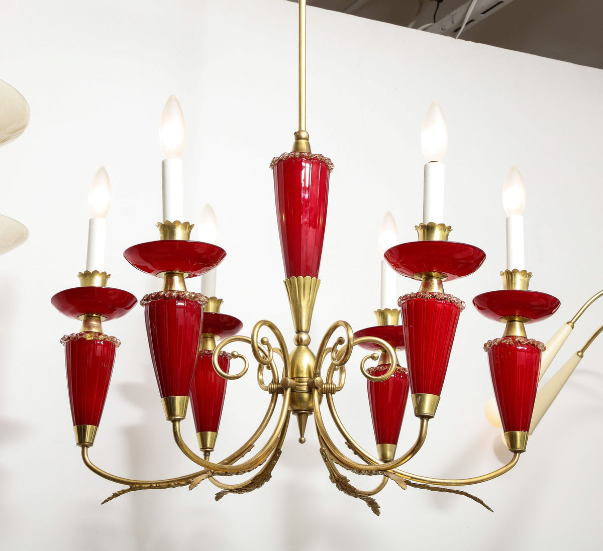 Murano Six-Arm Chandelier, Hand-Blown Glass & Brass, Italy, 1950