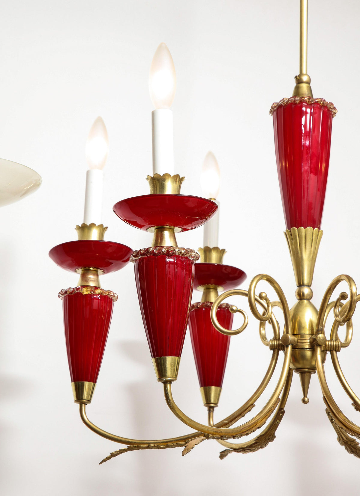Murano Six-Arm Chandelier, Hand-Blown Glass & Brass, Italy, 1950