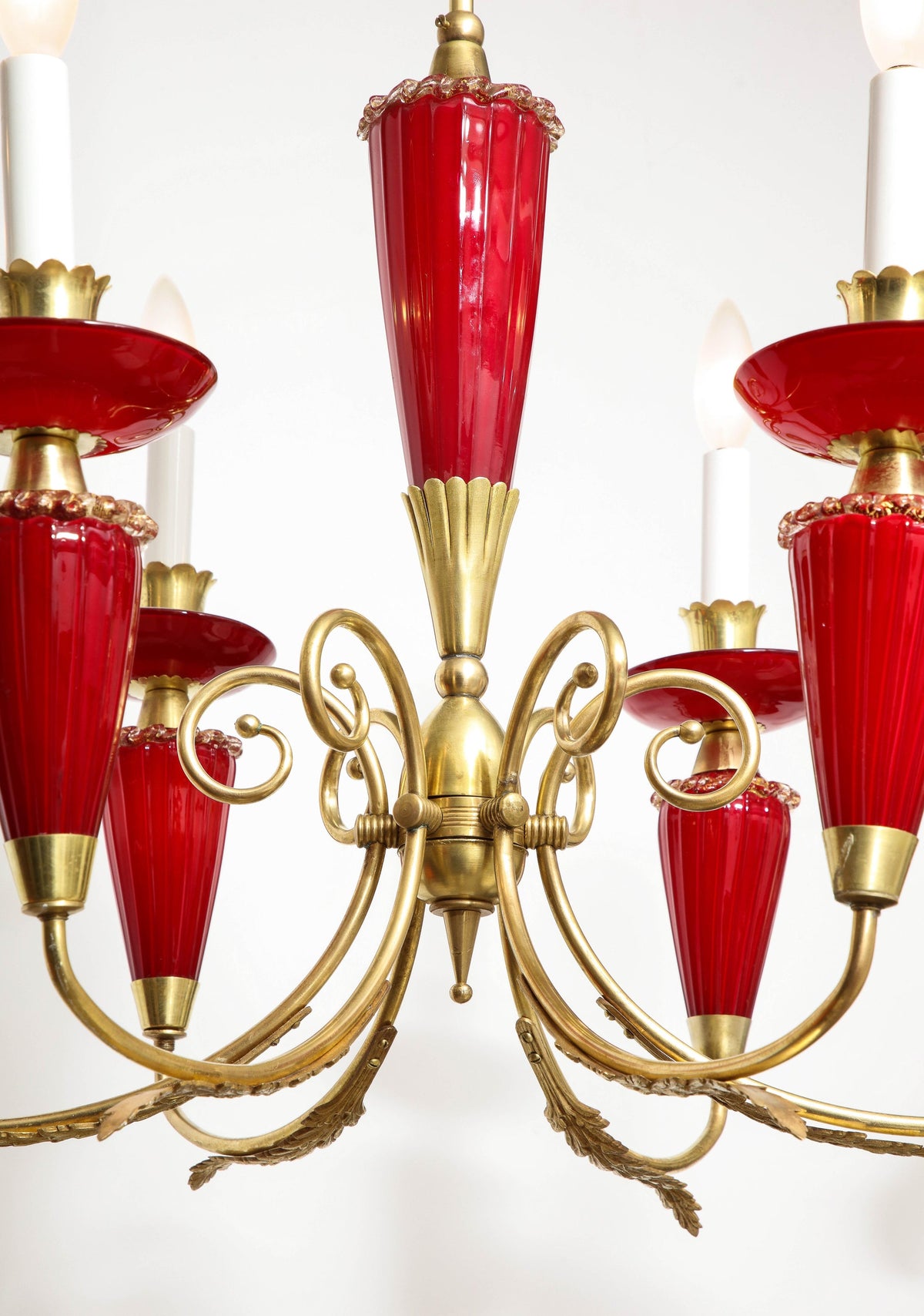 Murano Six-Arm Chandelier, Hand-Blown Glass & Brass, Italy, 1950