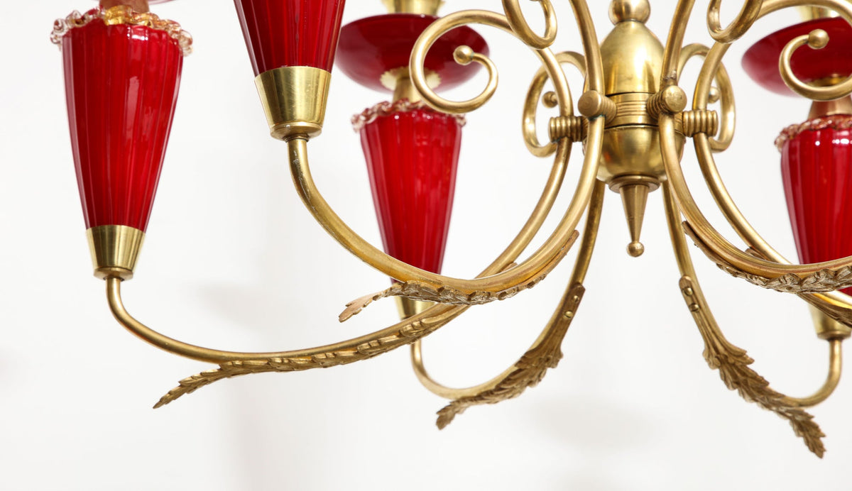 Murano Six-Arm Chandelier, Hand-Blown Glass & Brass, Italy, 1950