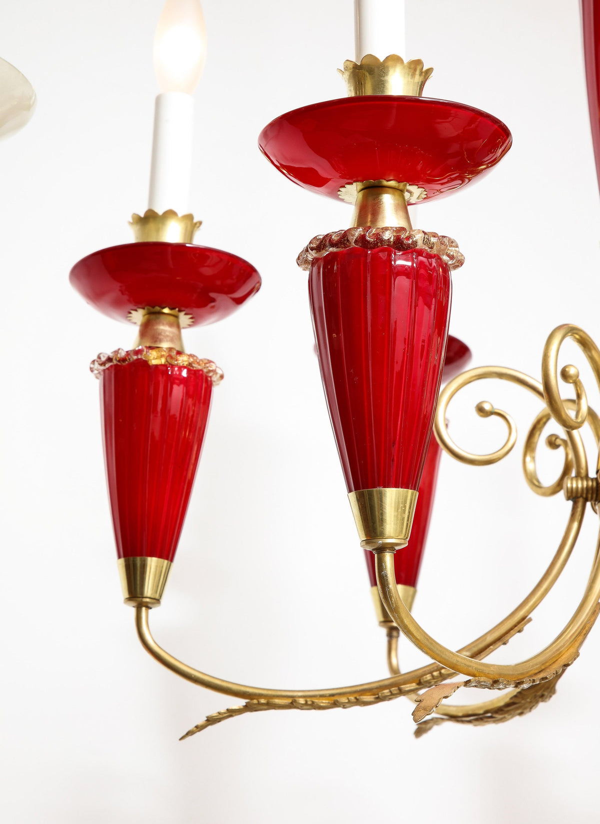 Murano Six-Arm Chandelier, Hand-Blown Glass & Brass, Italy, 1950
