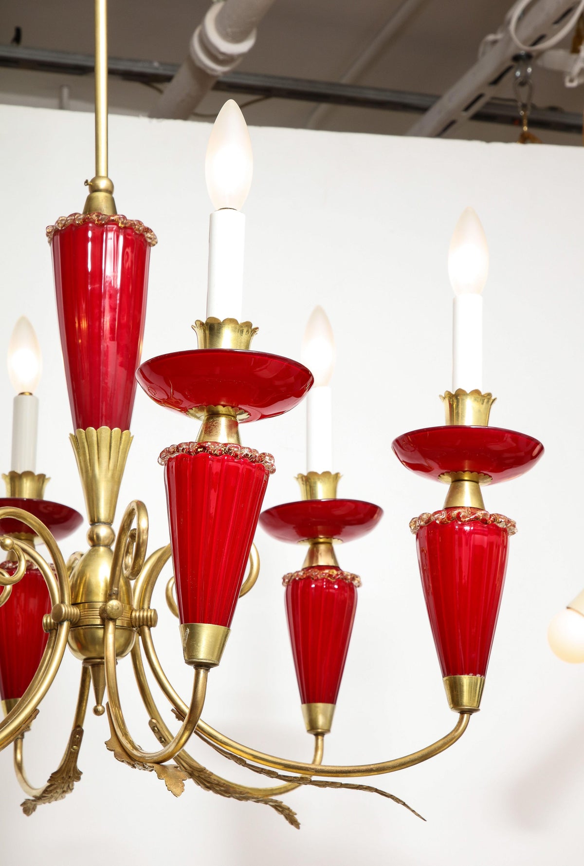Murano Six-Arm Chandelier, Hand-Blown Glass & Brass, Italy, 1950