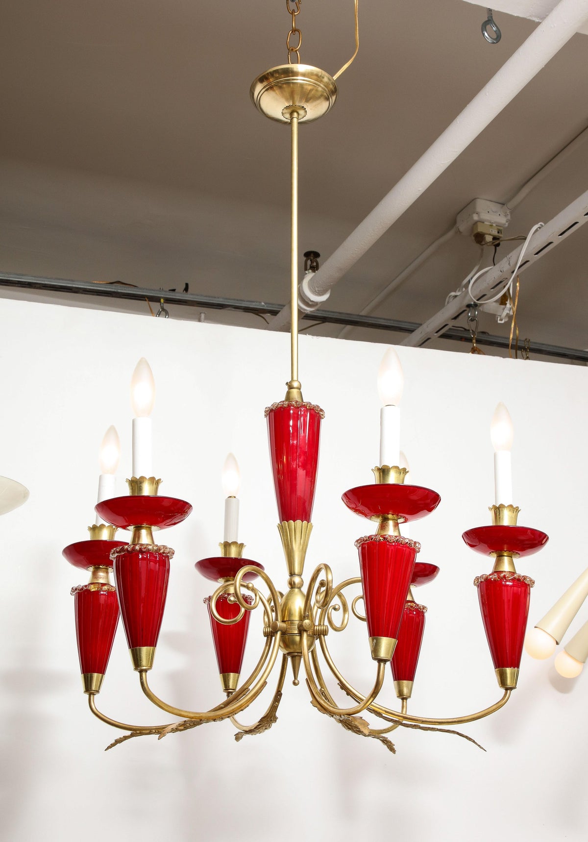 Murano Six-Arm Chandelier, Hand-Blown Glass & Brass, Italy, 1950