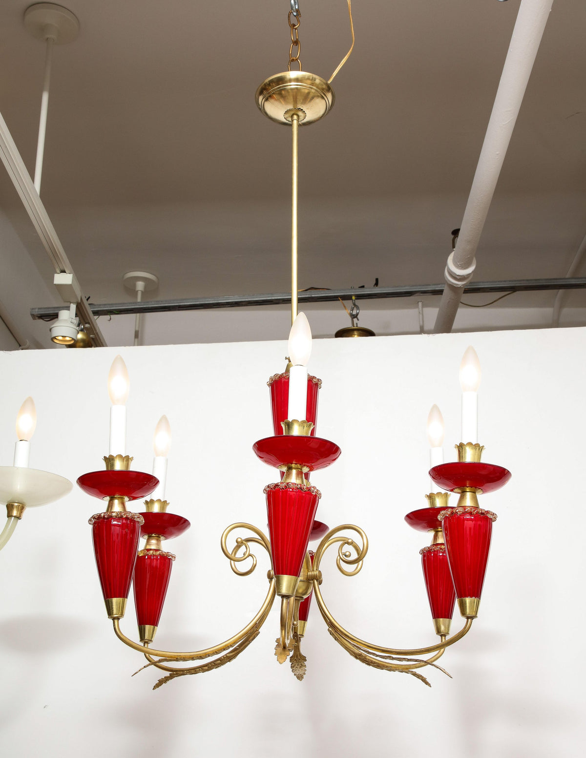 Murano Six-Arm Chandelier, Hand-Blown Glass & Brass, Italy, 1950