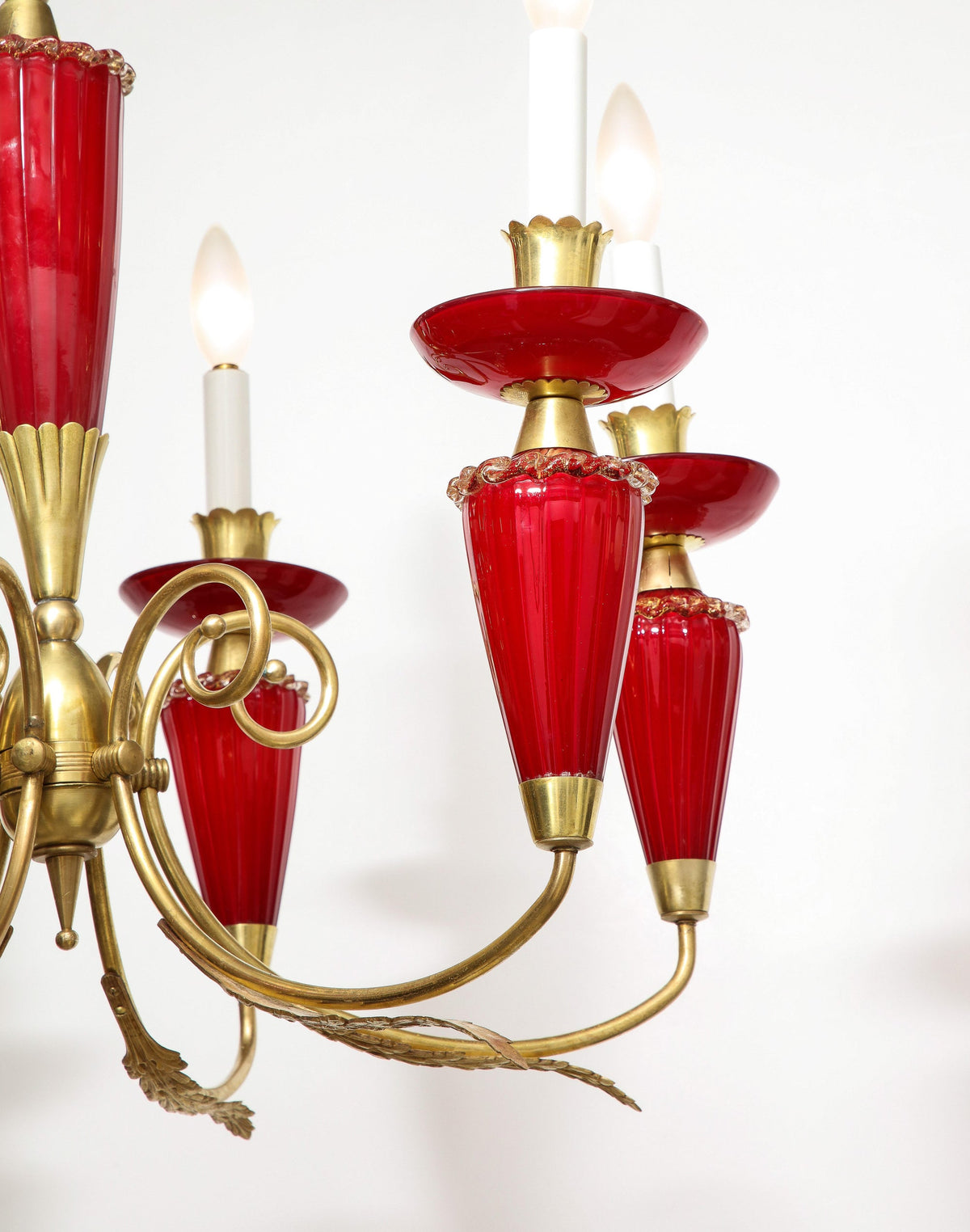 Murano Six-Arm Chandelier, Hand-Blown Glass & Brass, Italy, 1950