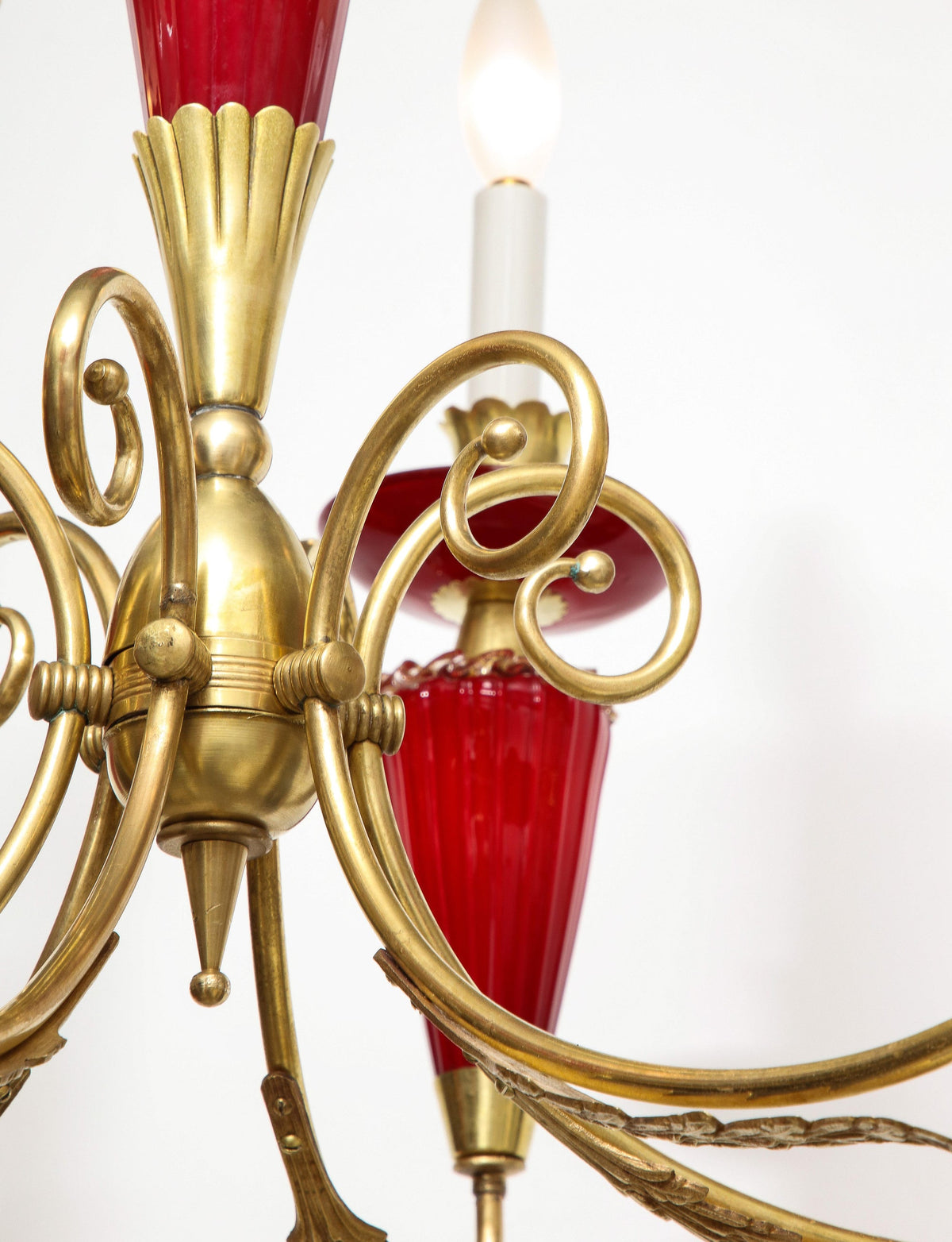Murano Six-Arm Chandelier, Hand-Blown Glass & Brass, Italy, 1950