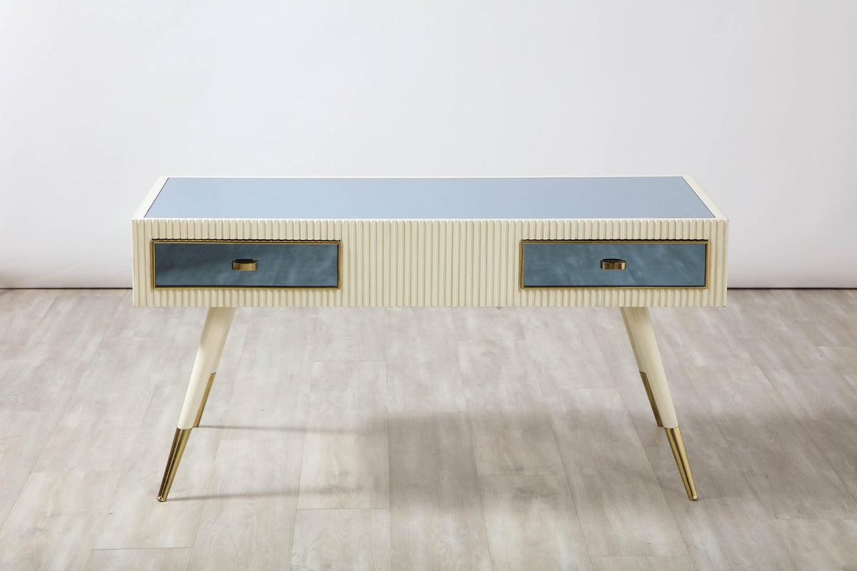 Italian 1950's Blue Glass and Painted Coffee Table with Brass Detail