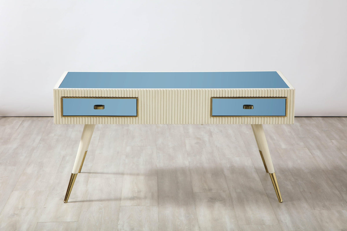 Italian 1950's Blue Glass and Painted Coffee Table with Brass Detail
