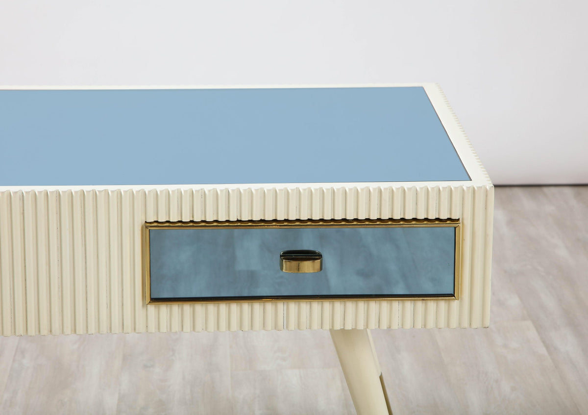 Italian 1950's Blue Glass and Painted Coffee Table with Brass Detail