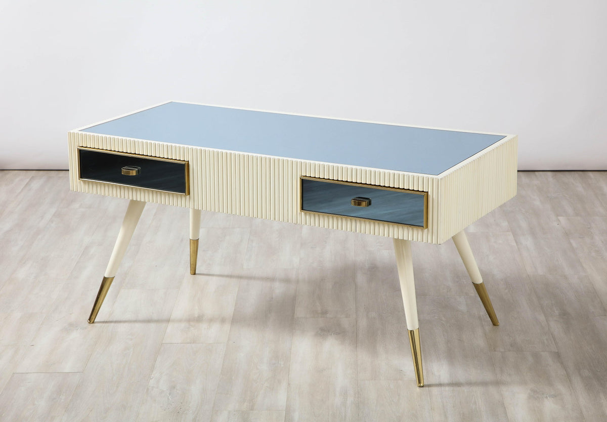Italian 1950's Blue Glass and Painted Coffee Table with Brass Detail