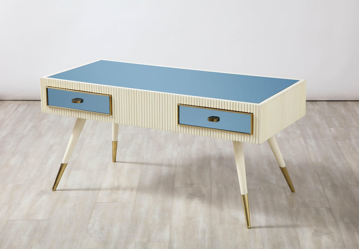 Italian 1950's Blue Glass and Painted Coffee Table with Brass Detail