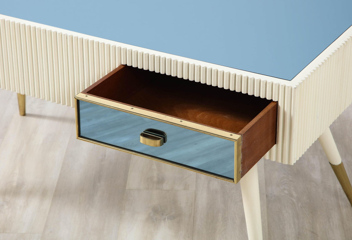 Italian 1950's Blue Glass and Painted Coffee Table with Brass Detail
