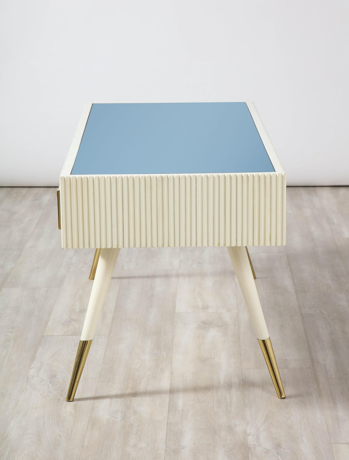 Italian 1950's Blue Glass and Painted Coffee Table with Brass Detail