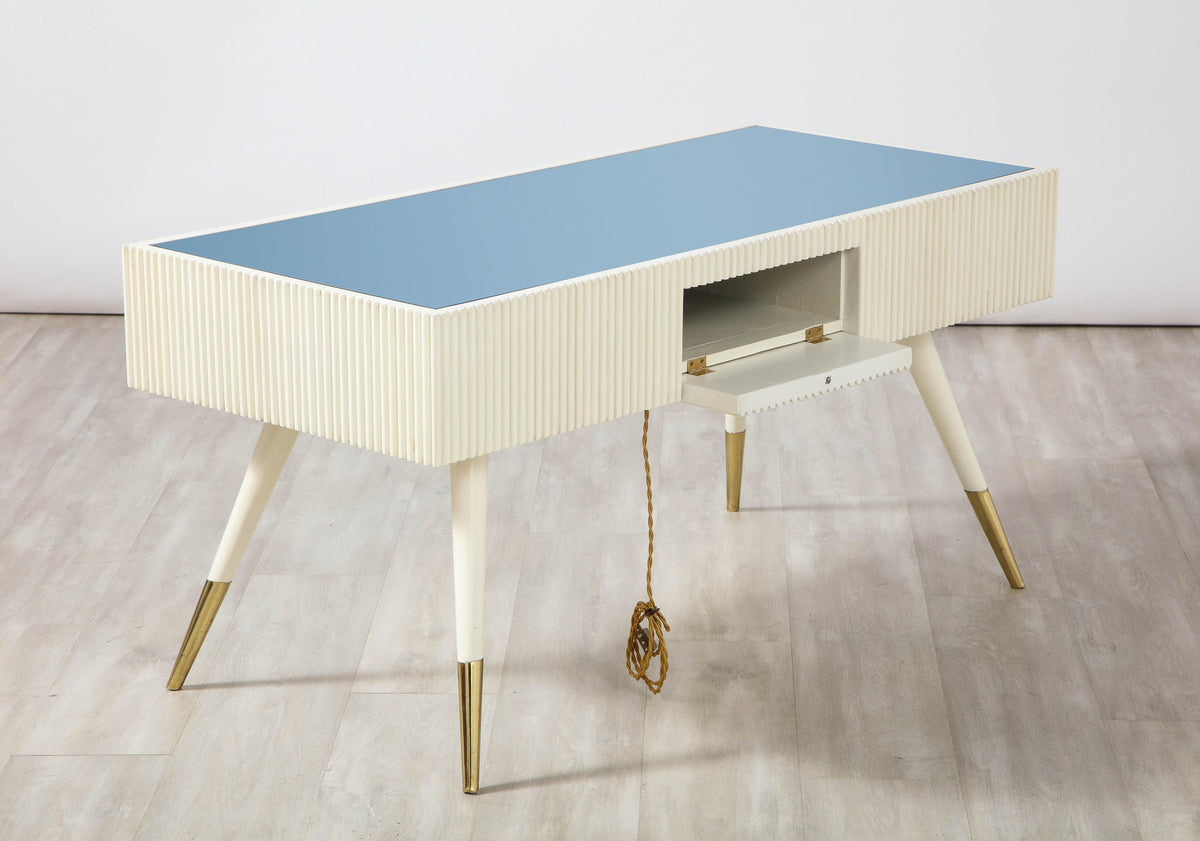Italian 1950's Blue Glass and Painted Coffee Table with Brass Detail