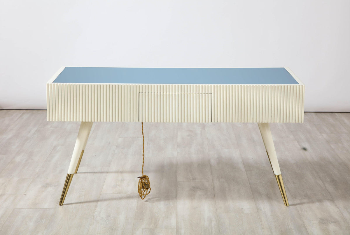 Italian 1950's Blue Glass and Painted Coffee Table with Brass Detail