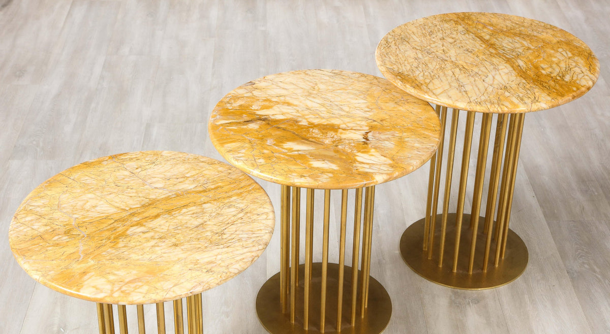 Set of 3 Contemporary Custom Side Tables with Brass Base and Marble