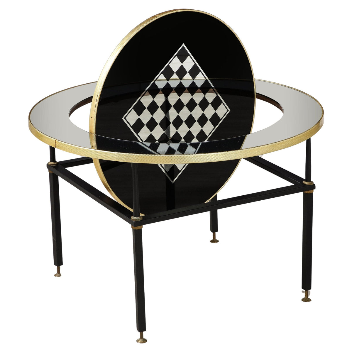 Cristal Arte Cocktail Table, Black Glass with Chess & Guitar Design